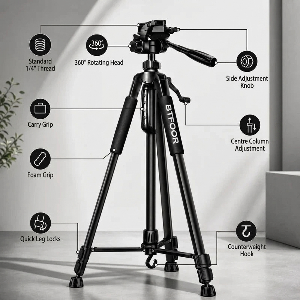 Camera Tripod 140 CM Aluminum | DSLR, Mirrorless & Smartphone | 1/4-inch Screw, Foam Grips & Carry Bag Included