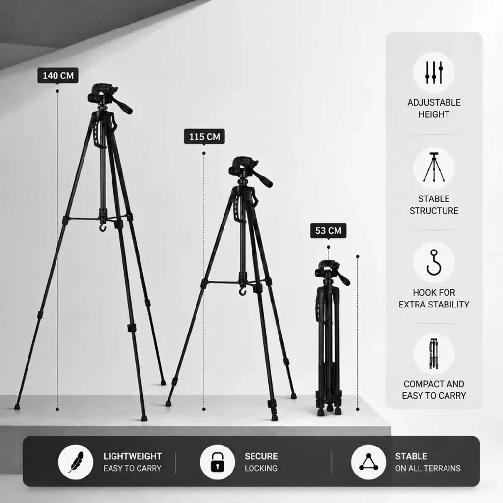 Camera Tripod 140 CM Black Aluminum | DSLR, Mirrorless & Smartphone | 1/4-inch Screw, 3 kg Load Capacity & Carry Bag Included