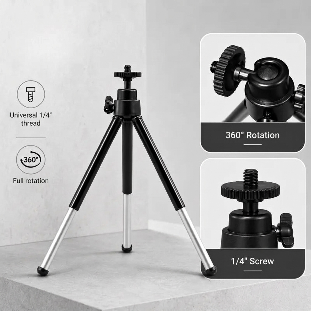 Desktop Tripod 20 CM Black | Video Calls & Streaming | Compact & Phone Holder Included
