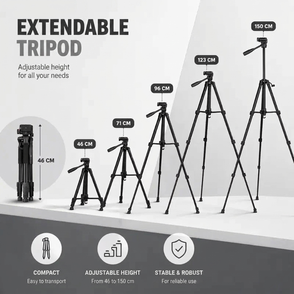 Camera Tripod 150 CM Aluminum | DSLR, Mirrorless & Smartphone | 1/4-inch Screw, Foam Grips & Carry Bag Included