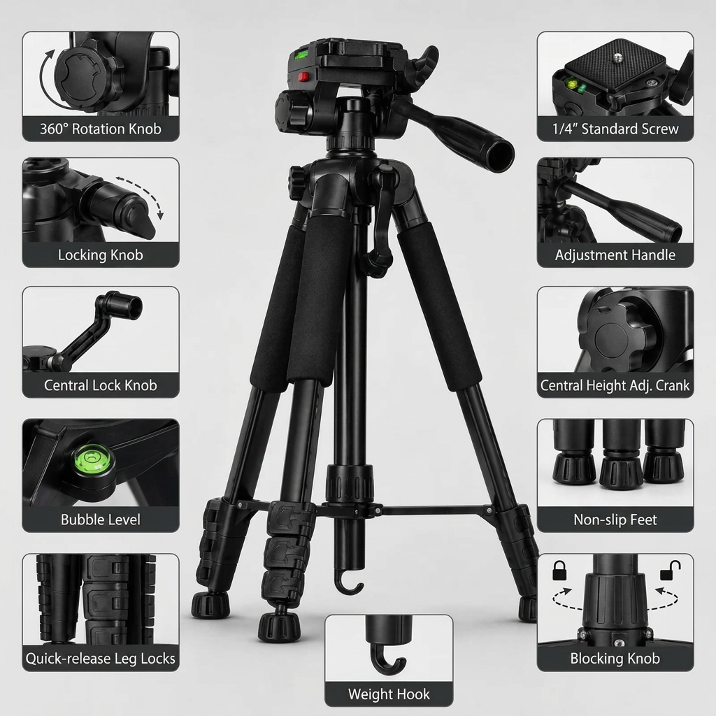 Camera Tripod 150 CM Aluminum | DSLR, Mirrorless & Smartphone | 1/4-inch Screw, Foam Grips & Carry Bag Included