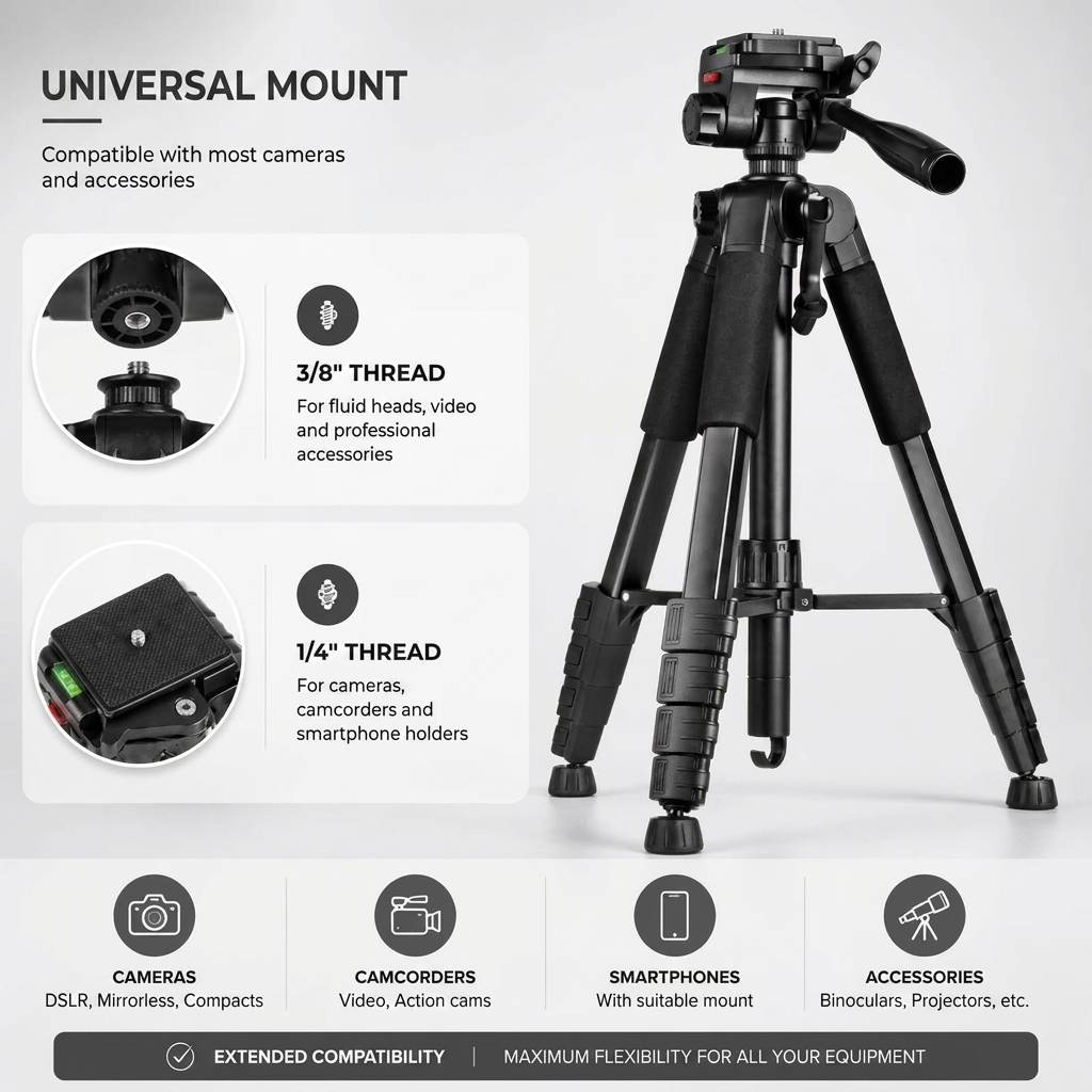 Camera Tripod 188 CM Aluminum | DSLR, Mirrorless & Smartphone | 1/4-inch Screw, Foam Grips & Carry Bag Included