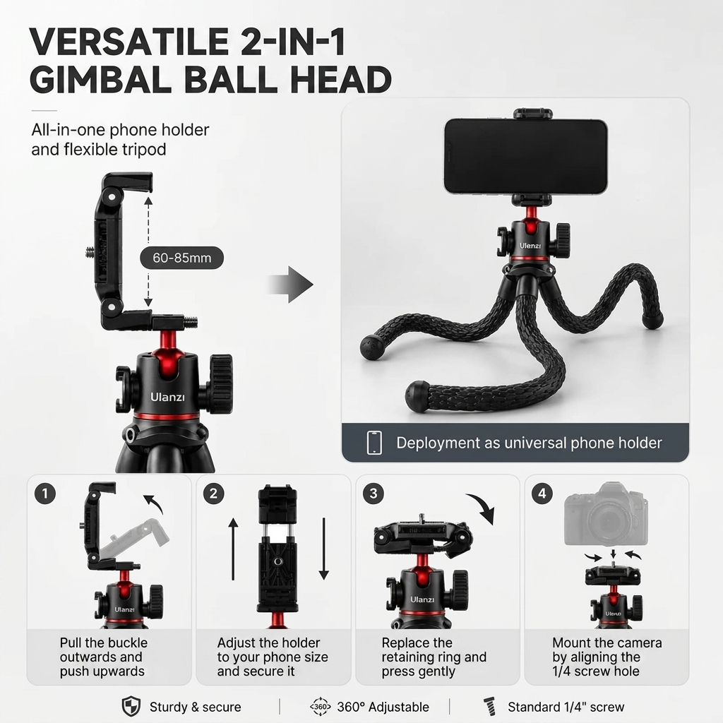 Flexible Tripod 32 CM Black | DSLR & Smartphone | Cold Shoe & 1/4-inch Screw Included
