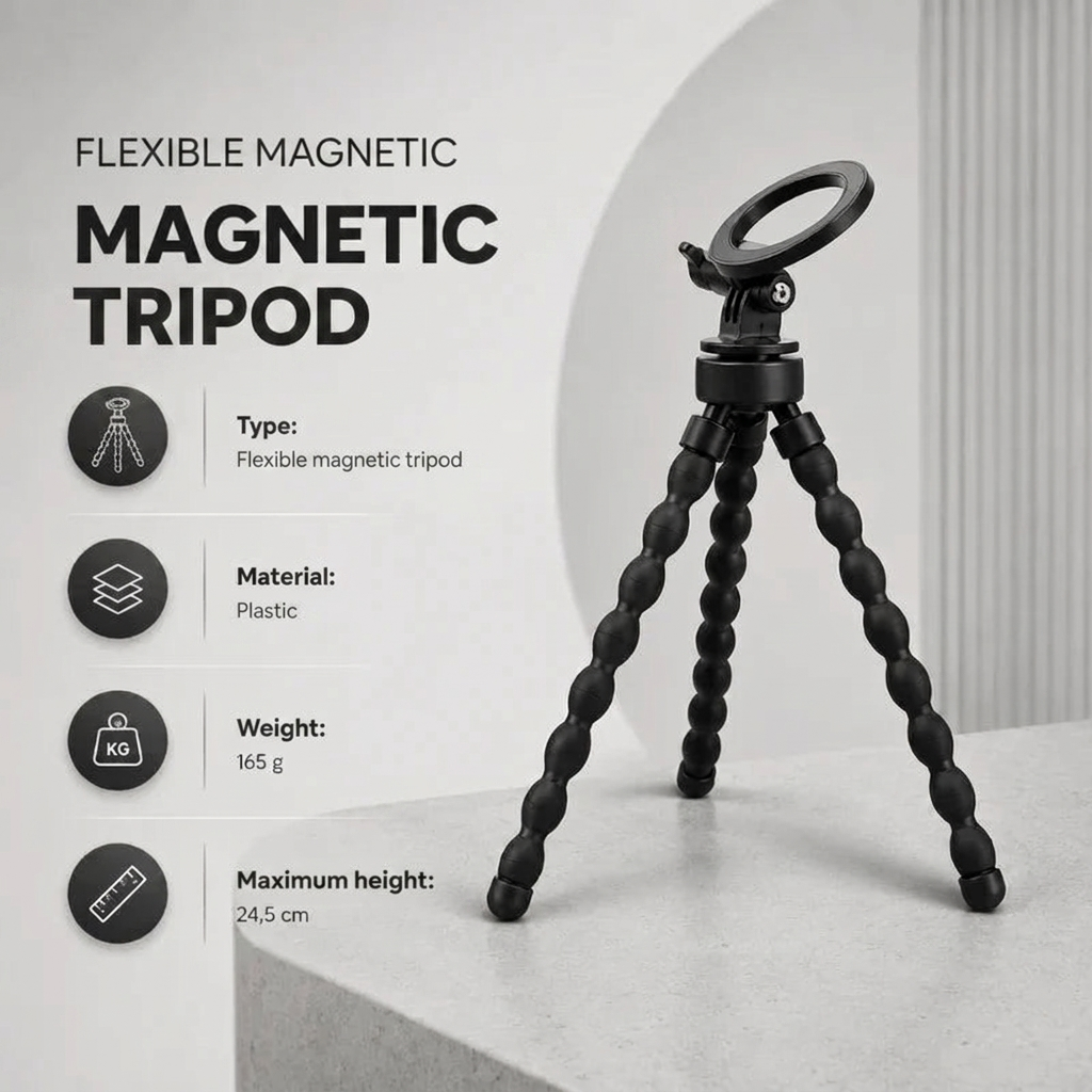 Magnetic Flexible Tripod Black | MagSafe & iPhone | Flexible Legs & Magnetic Mount
