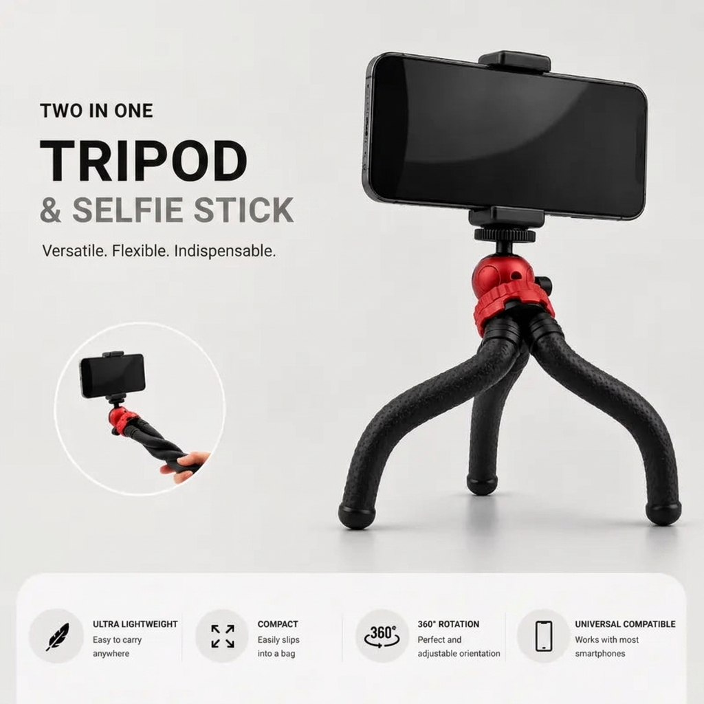 Octopus Flexible Tripod Black | iPhone & Android | Wraparound Legs & Phone Holder Included