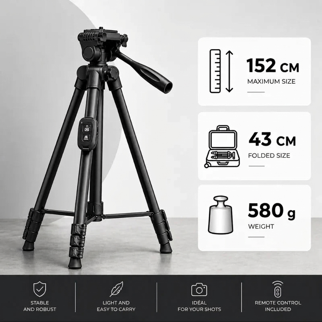 iPhone Tripod 12 13 14 15 Pro Max 152 CM Black | Bluetooth Included