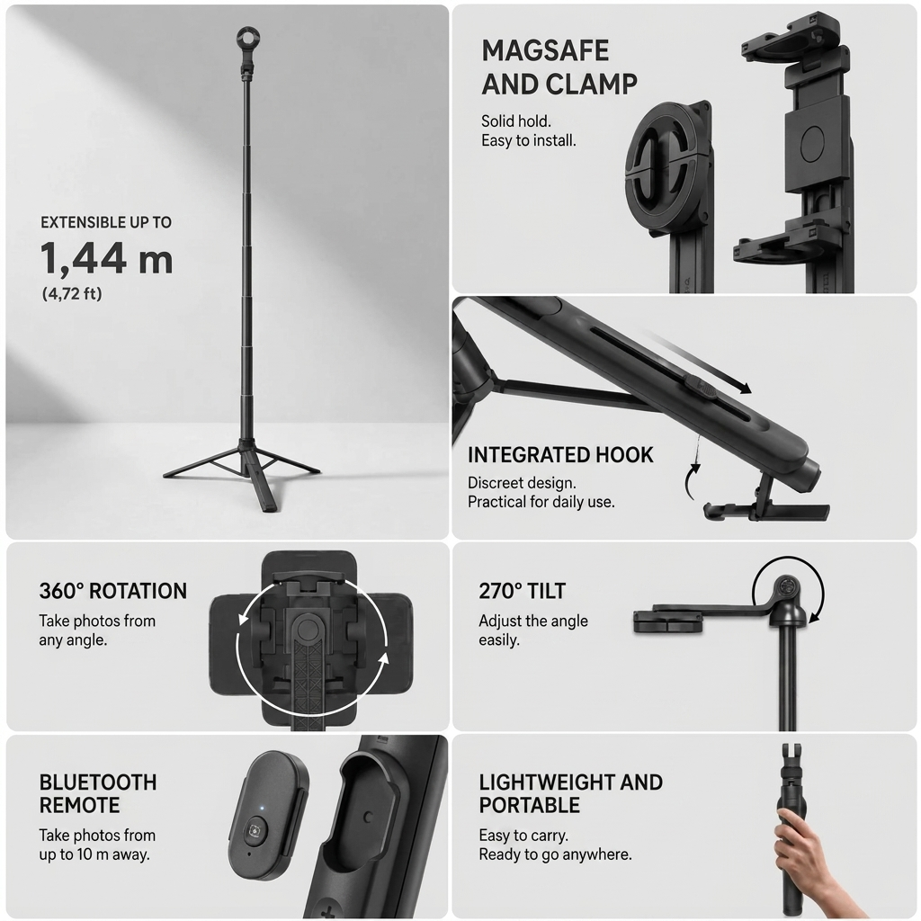 iPhone Tripod 14 15 16 Pro Max 144 CM Black MagSafe | Bluetooth