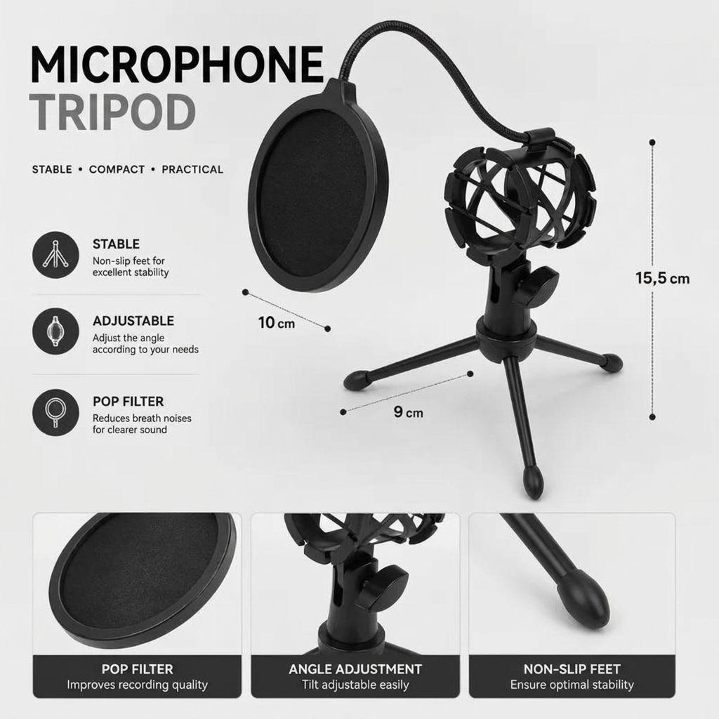 Desktop Microphone Stand | Podcast & Streaming | Spider Mount & Pop Filter Included