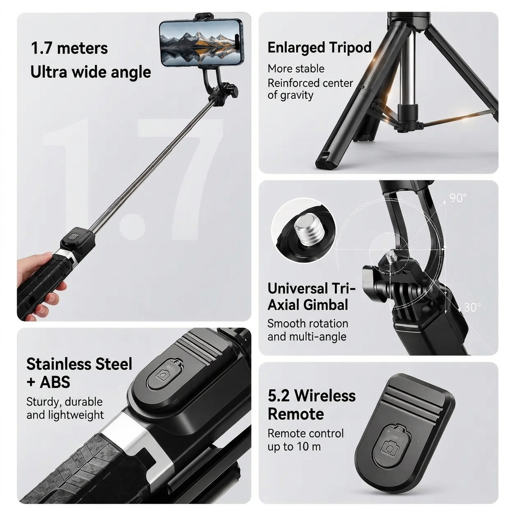 Selfie Stick Tripod iPhone 12 13 14 15 Pro Max 170 CM | Bluetooth