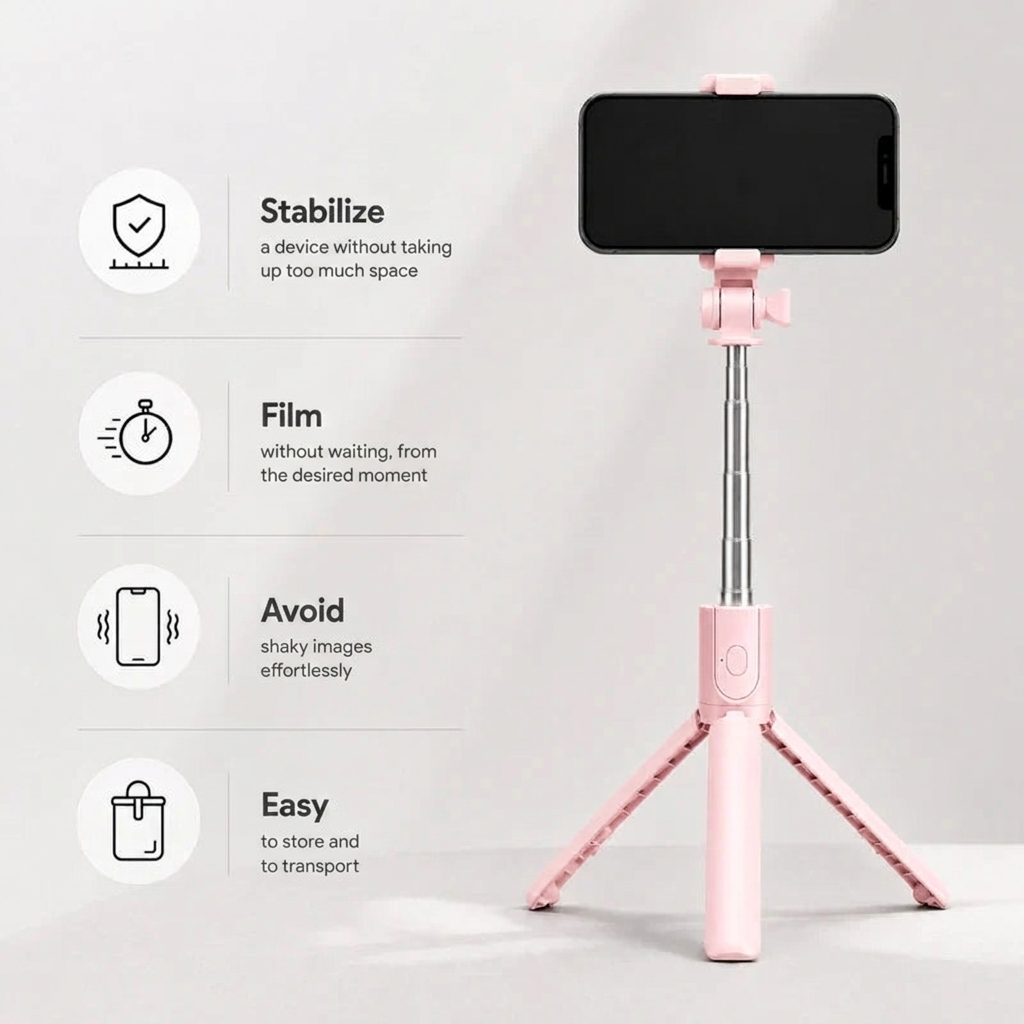 Phone Tripod 70 CM Pink | iPhone & Android | Selfie & Bluetooth Remote
