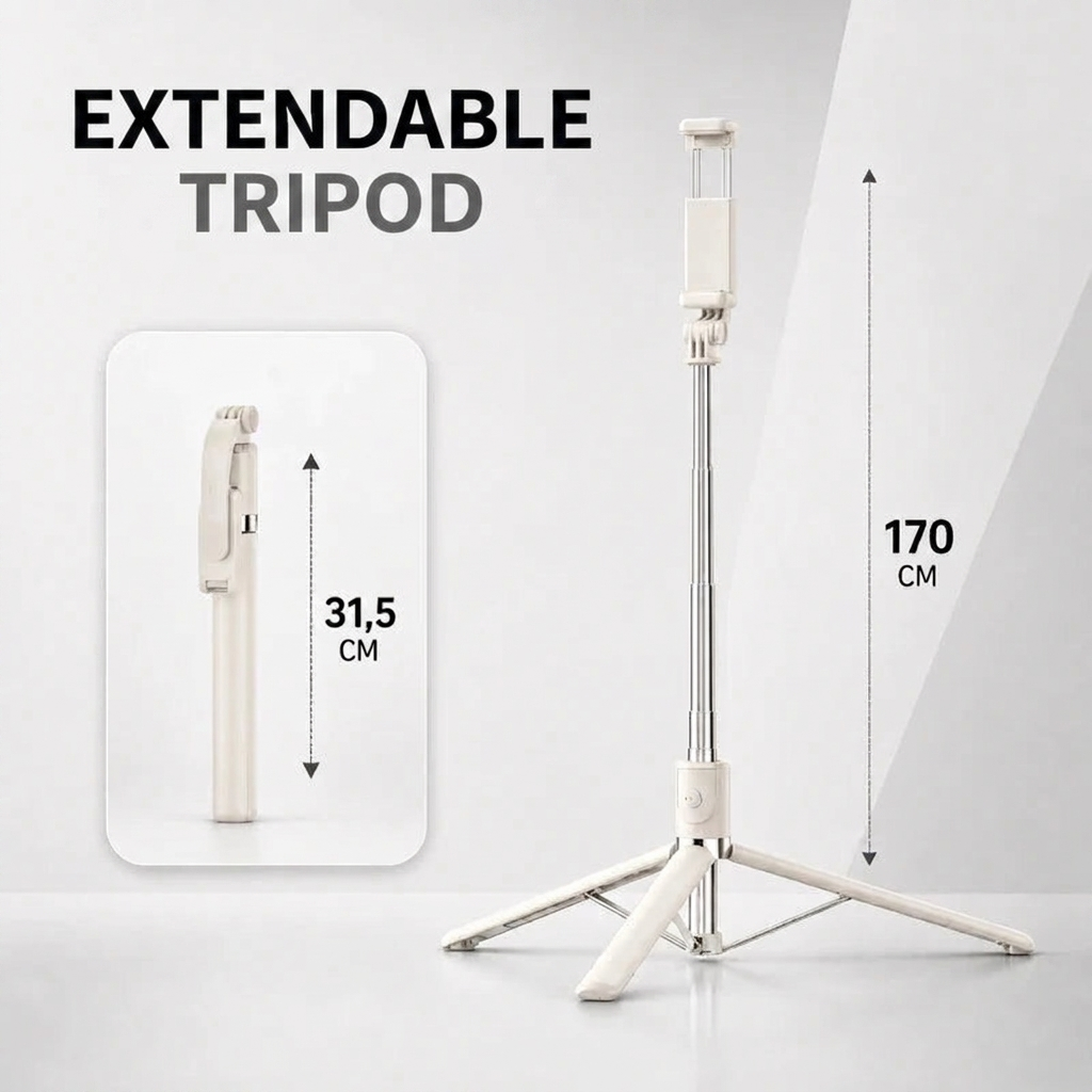 Phone Tripod 170 CM White Aluminum | iPhone & Android | Stable at Full Extension & Remote Included