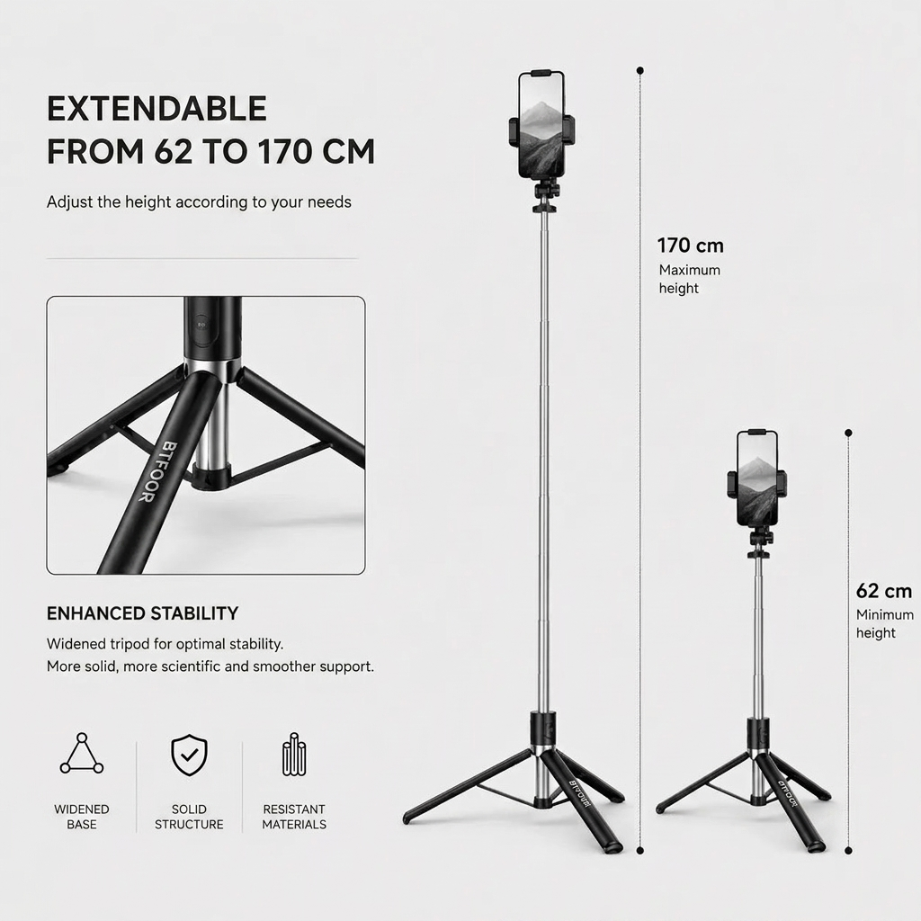 Phone Tripod 170 CM Telescopic Bluetooth | Selfie, Live Streaming & Travel