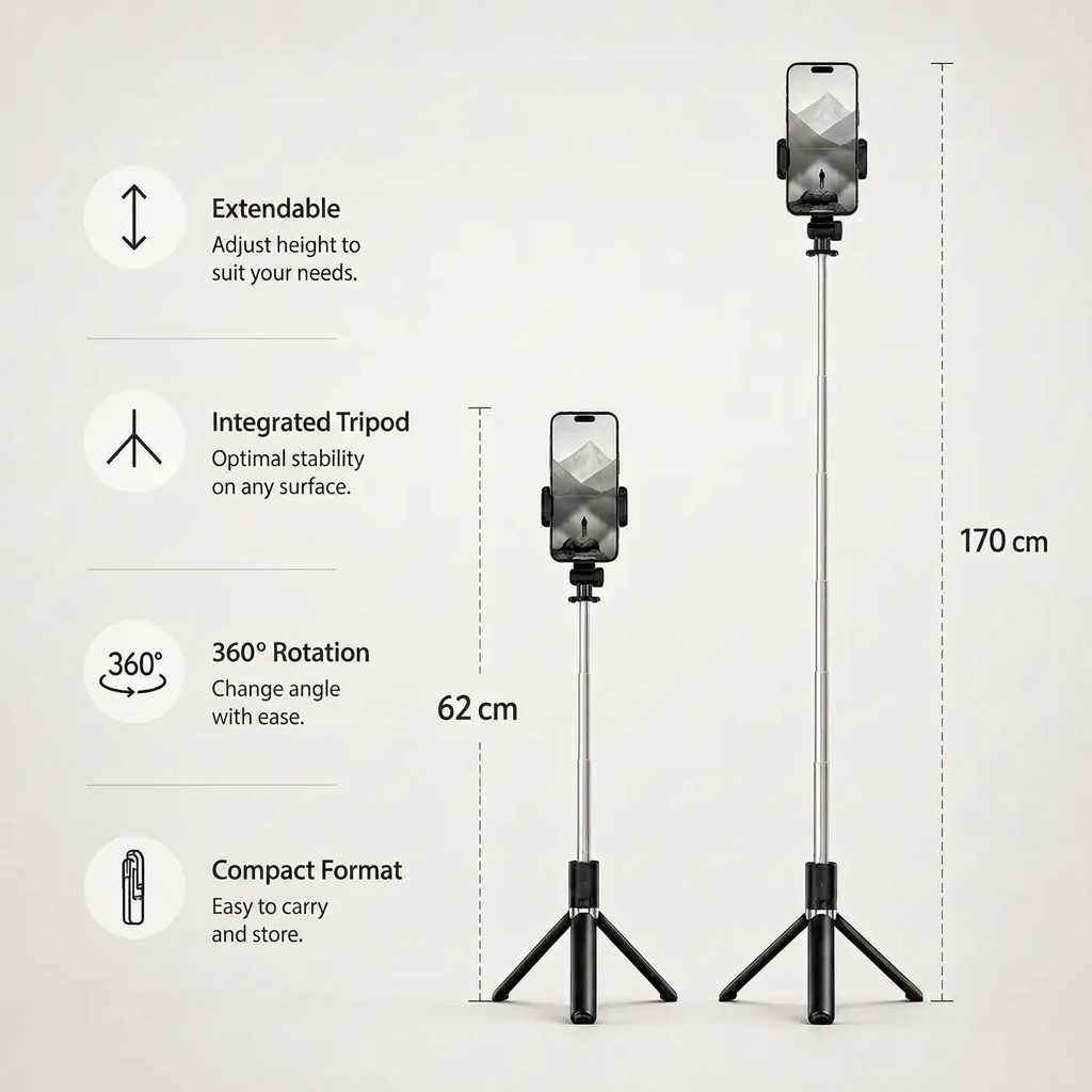 Phone Tripod 170 CM Telescopic Bluetooth | Selfie, Live Streaming & Travel
