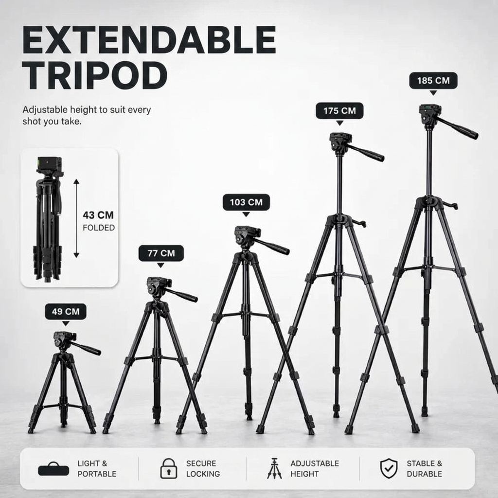 Camera Tripod 185 CM Black Aluminum | DSLR, Mirrorless & Smartphone | 1/4-inch Screw & Storage Bag Included