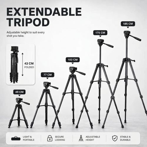 Camera Tripod 185 CM Black Aluminum | DSLR, Mirrorless & Smartphone | 1/4-inch Screw & Storage Bag Included
