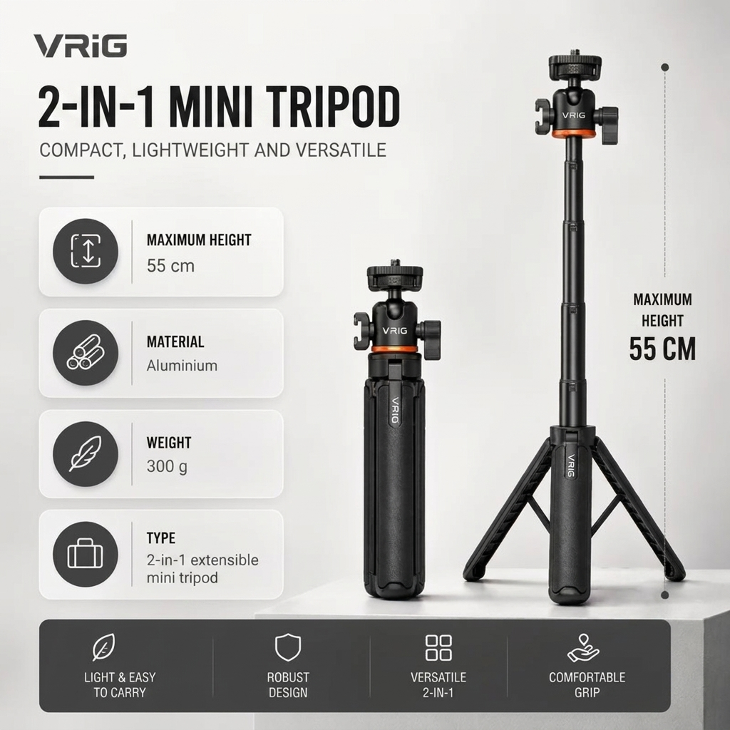 Mini Camera Tripod 55 CM Black | Cameras & Camcorders | Extendable & Built-in Grip