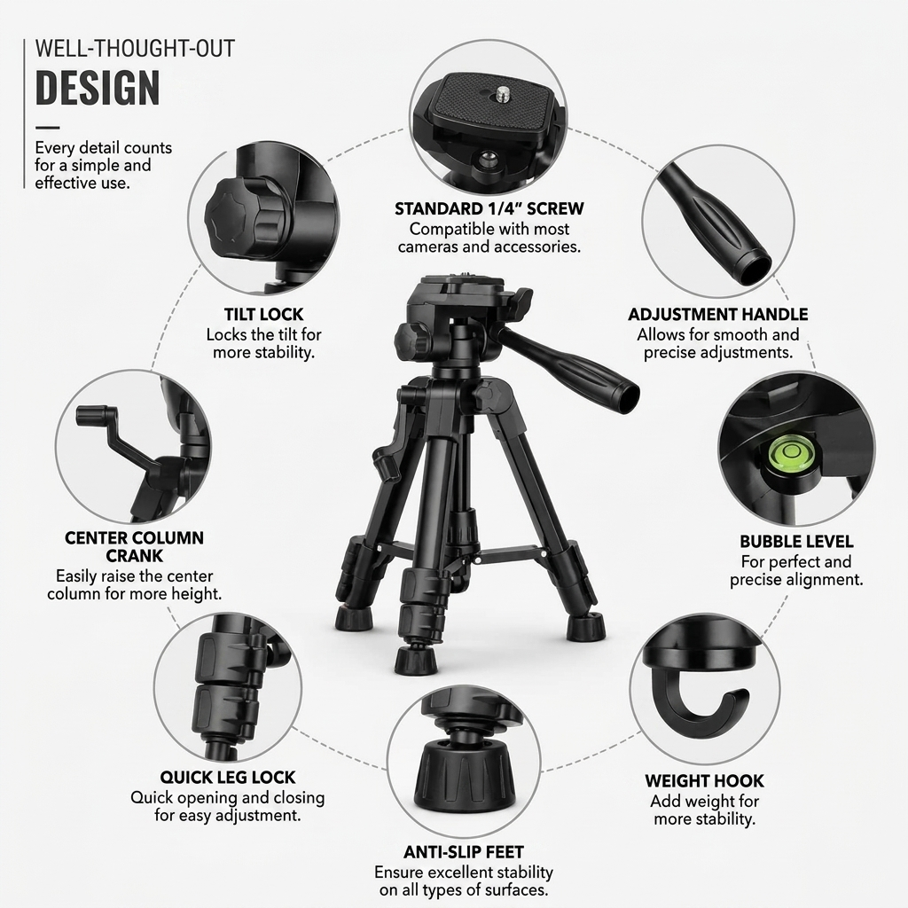 Mini Camera Tripod 63 CM Black | Cameras & Camcorders | Carry Bag & Phone Holder Included