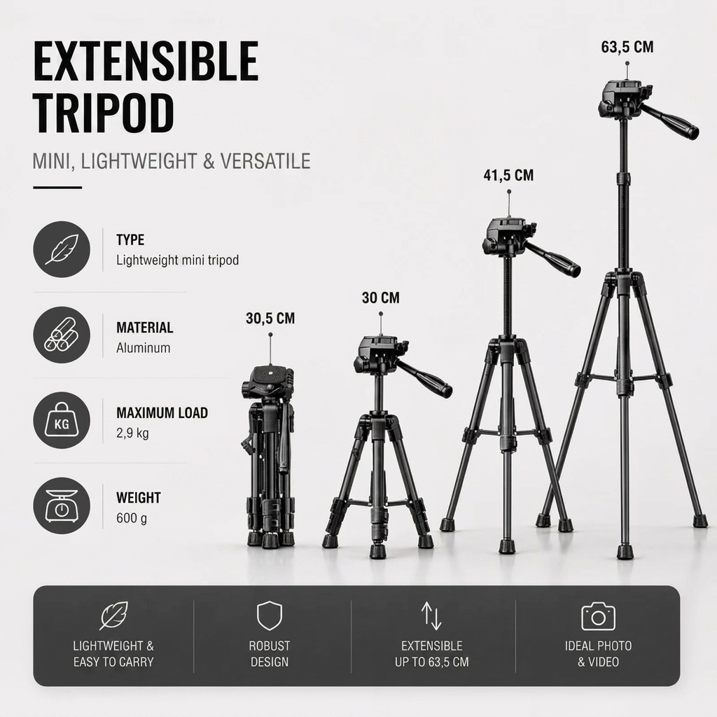 Mini Camera Tripod 63 CM Black | Cameras & Camcorders | Carry Bag & Phone Holder Included