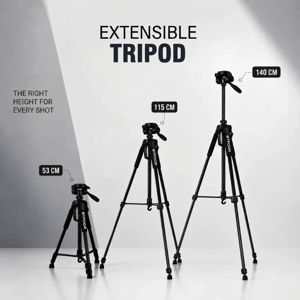 Camera Tripod 140 CM Aluminum | DSLR, Mirrorless & Smartphone | 1/4-inch Screw, Foam Grips & Carry Bag Included