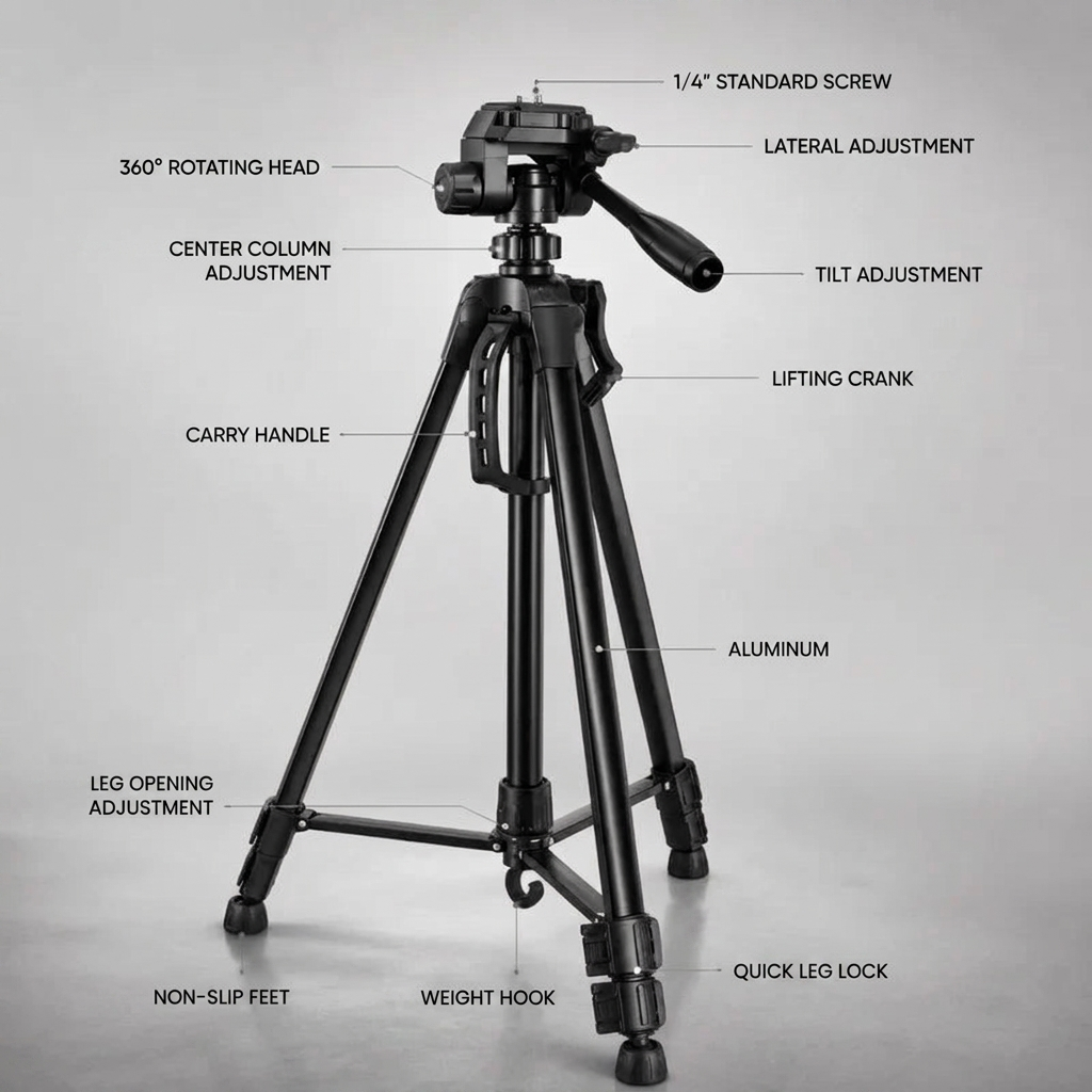 Camera Tripod 140 CM Black Aluminum | DSLR, Mirrorless & Smartphone | 1/4-inch Screw, 3 kg Load Capacity & Carry Bag Included
