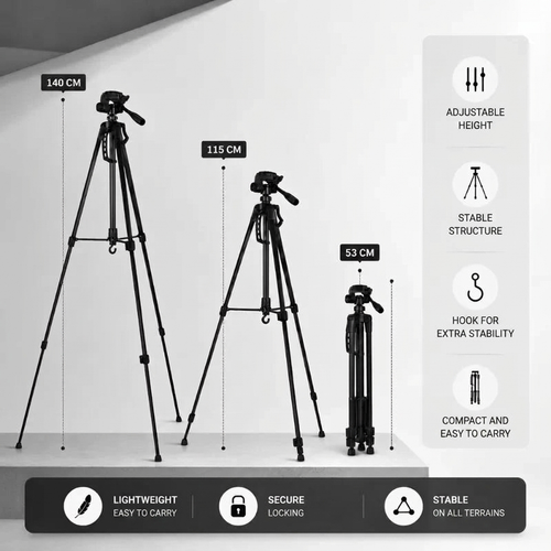Camera Tripod 140 CM Black Aluminum | DSLR, Mirrorless & Smartphone | 1/4-inch Screw, 3 kg Load Capacity & Carry Bag Included