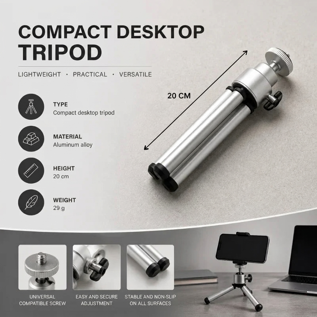 Desktop Tripod 20 CM Silver | Video Calls & Streaming | Compact & Phone Holder Included