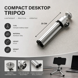 Desktop Tripod 20 CM Silver | Video Calls & Streaming | Compact & Phone Holder Included