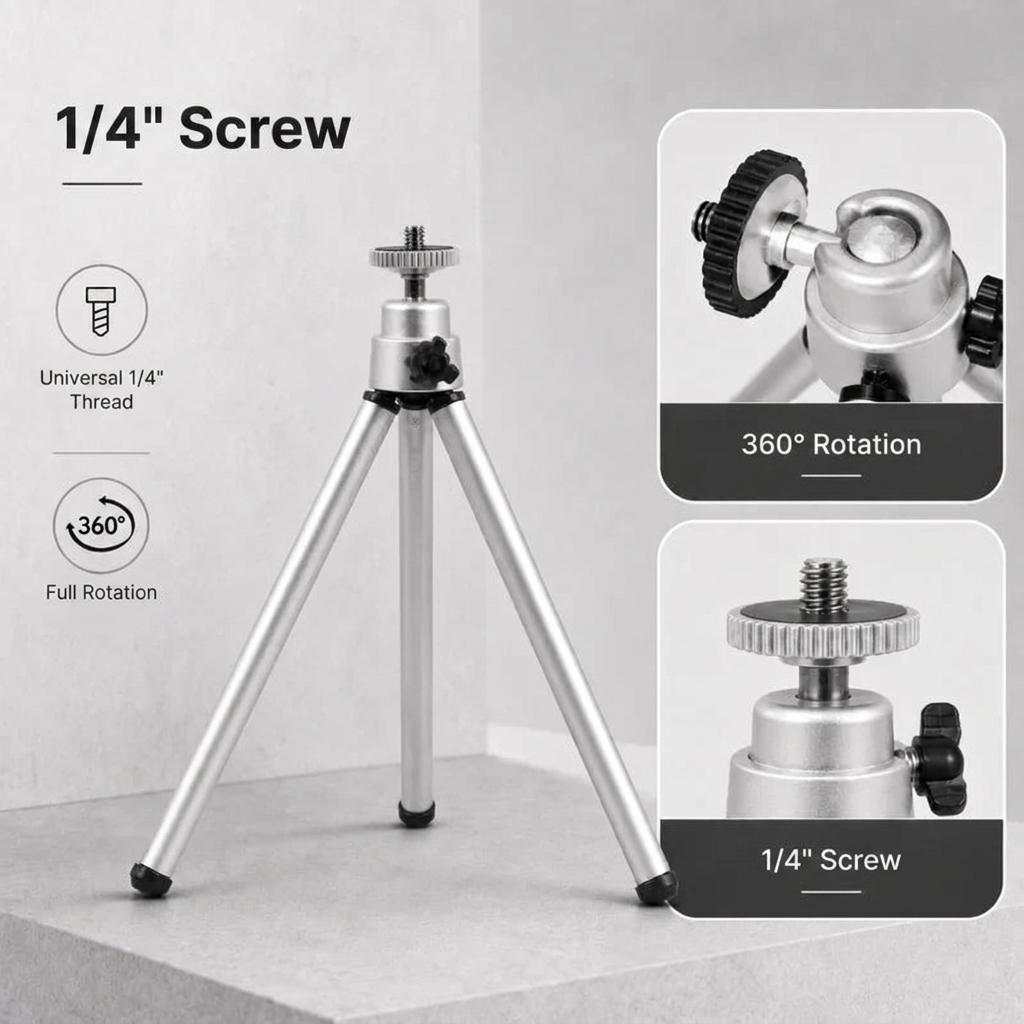 Desktop Tripod 20 CM Silver | Video Calls & Streaming | Compact & Phone Holder Included