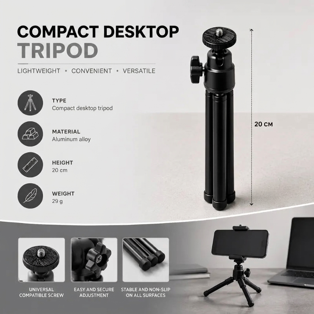 Desktop Tripod 20 CM Black | Video Calls & Streaming | Compact & Phone Holder Included