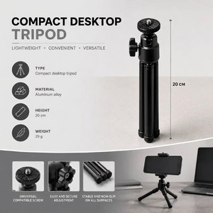 Desktop Tripod 20 CM Black | Video Calls & Streaming | Compact & Phone Holder Included