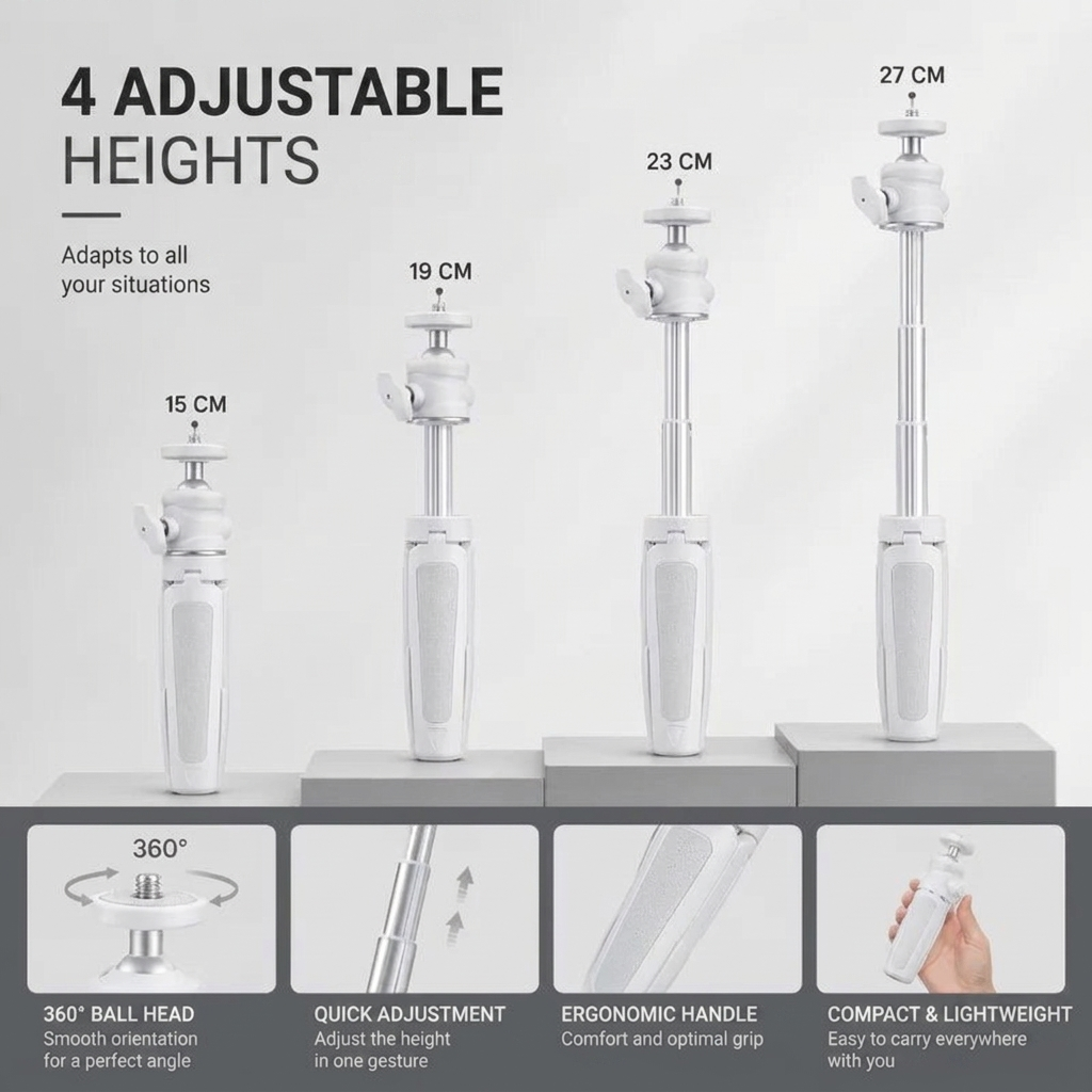 Desktop Tripod 27 CM White | Video Calls & Streaming | Foldable Legs & Phone Holder Included