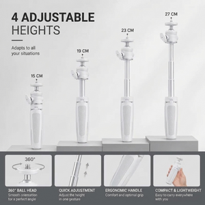 Desktop Tripod 27 CM White | Video Calls & Streaming | Foldable Legs & Phone Holder Included