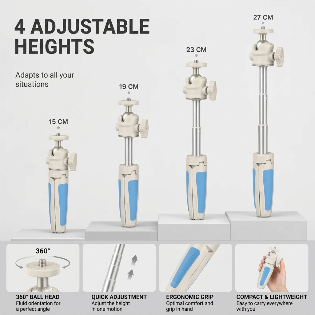 Desktop Tripod 27 CM Blue Pattern | Video Calls & Streaming | Foldable Legs & Phone Holder Included