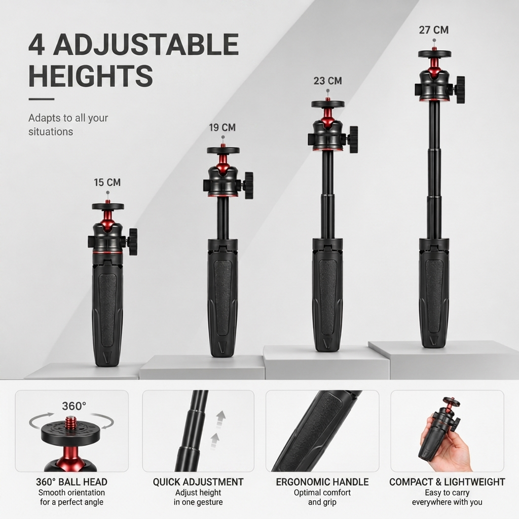Desktop Tripod 27 CM Black | Video Calls & Streaming | Foldable Legs & Phone Holder Included
