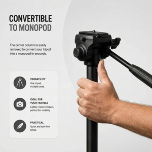 Camera Tripod 160 CM Aluminum | DSLR, Mirrorless & Smartphone | 1/4-inch Screw & Converts to Monopod