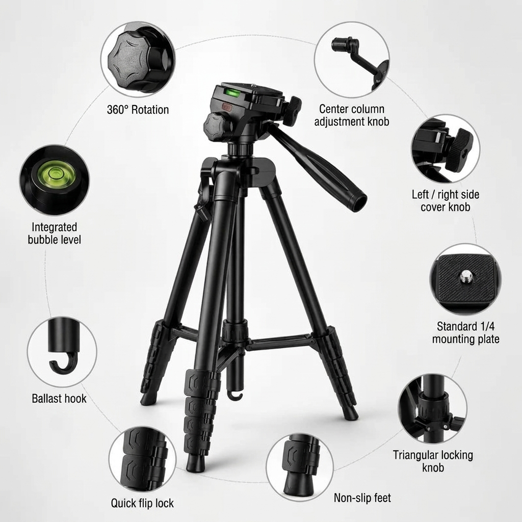 Camera Tripod 185 CM Black Aluminum | DSLR, Mirrorless & Smartphone | 1/4-inch Screw & Storage Bag Included