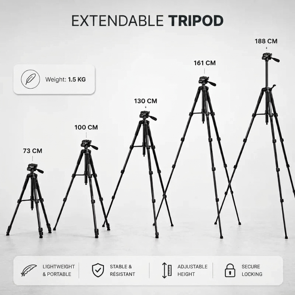 Camera Tripod 188 CM Aluminum | DSLR, Mirrorless & Smartphone | 1/4-inch Screw, Foam Grips & Carry Bag Included