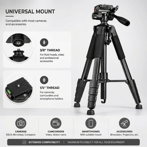 Camera Tripod 188 CM Aluminum | DSLR, Mirrorless & Smartphone | 1/4-inch Screw, Foam Grips & Carry Bag Included