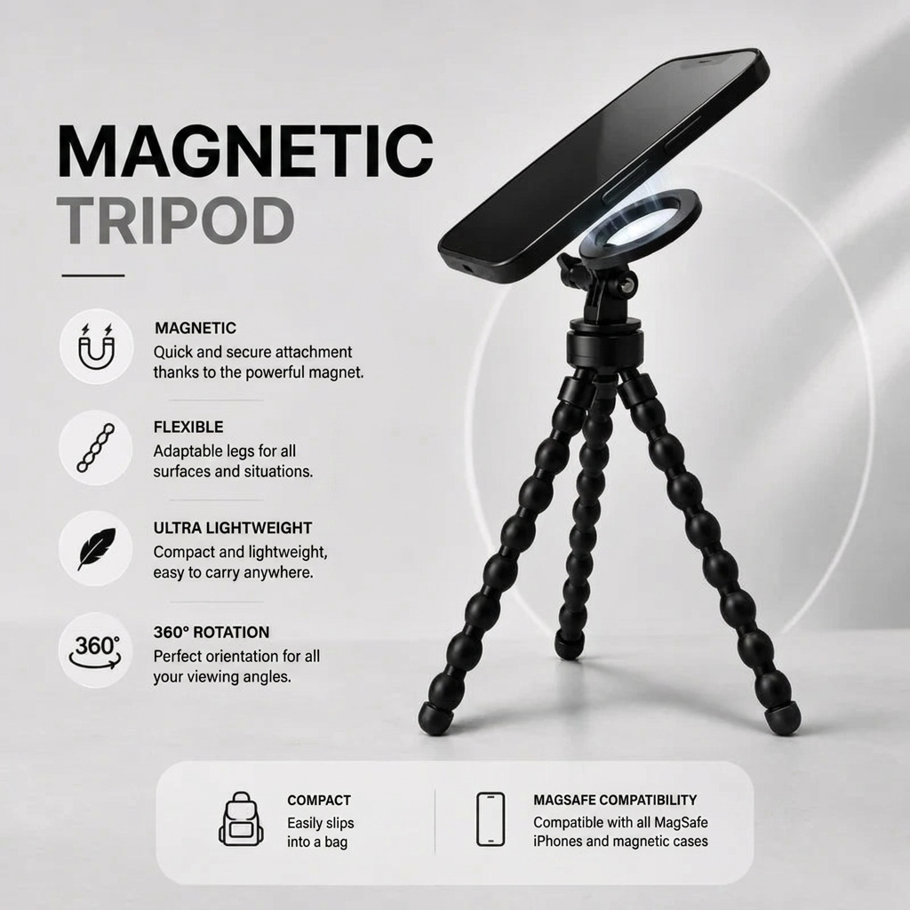 Magnetic Flexible Tripod Black | MagSafe & iPhone | Flexible Legs & Magnetic Mount