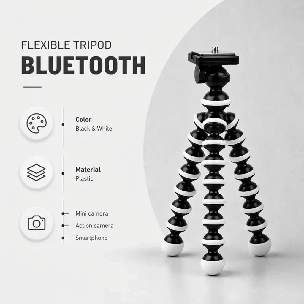 Flexible Tripod Black & White | iPhone & Android | Articulated Legs & Phone Holder Included