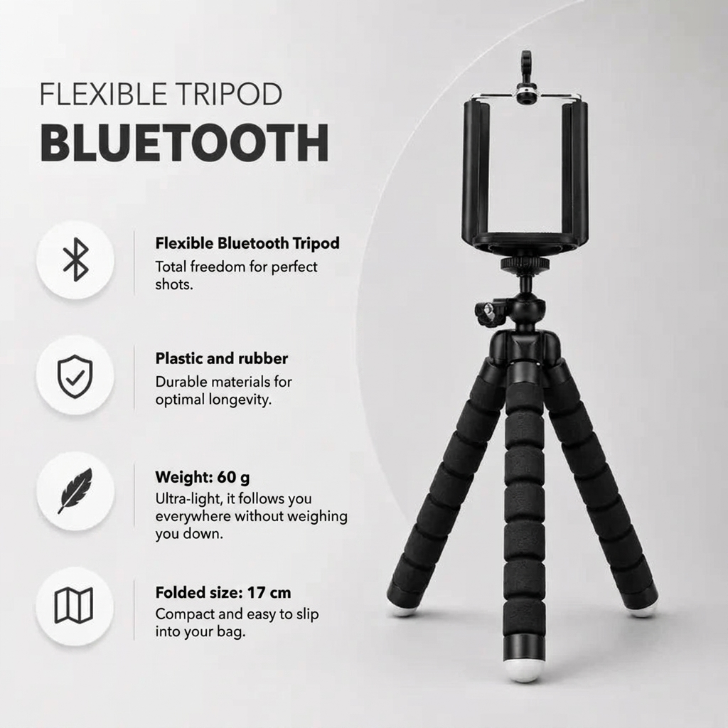 Flexible Tripod Black | iPhone & Android | Flexible Legs & Bluetooth Remote