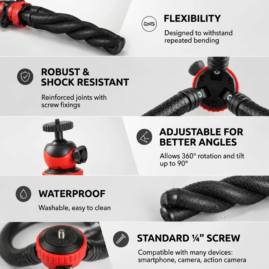 Octopus Flexible Tripod Black | iPhone & Android | Wraparound Legs & Phone Holder Included