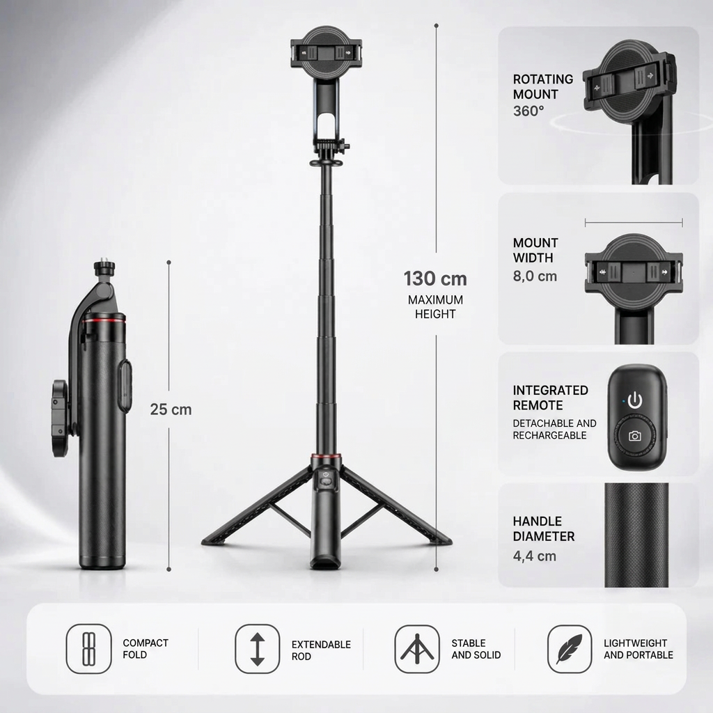 iPhone Tripod 12 13 14 15 Pro Max 130 CM MagSafe | Bluetooth Remote