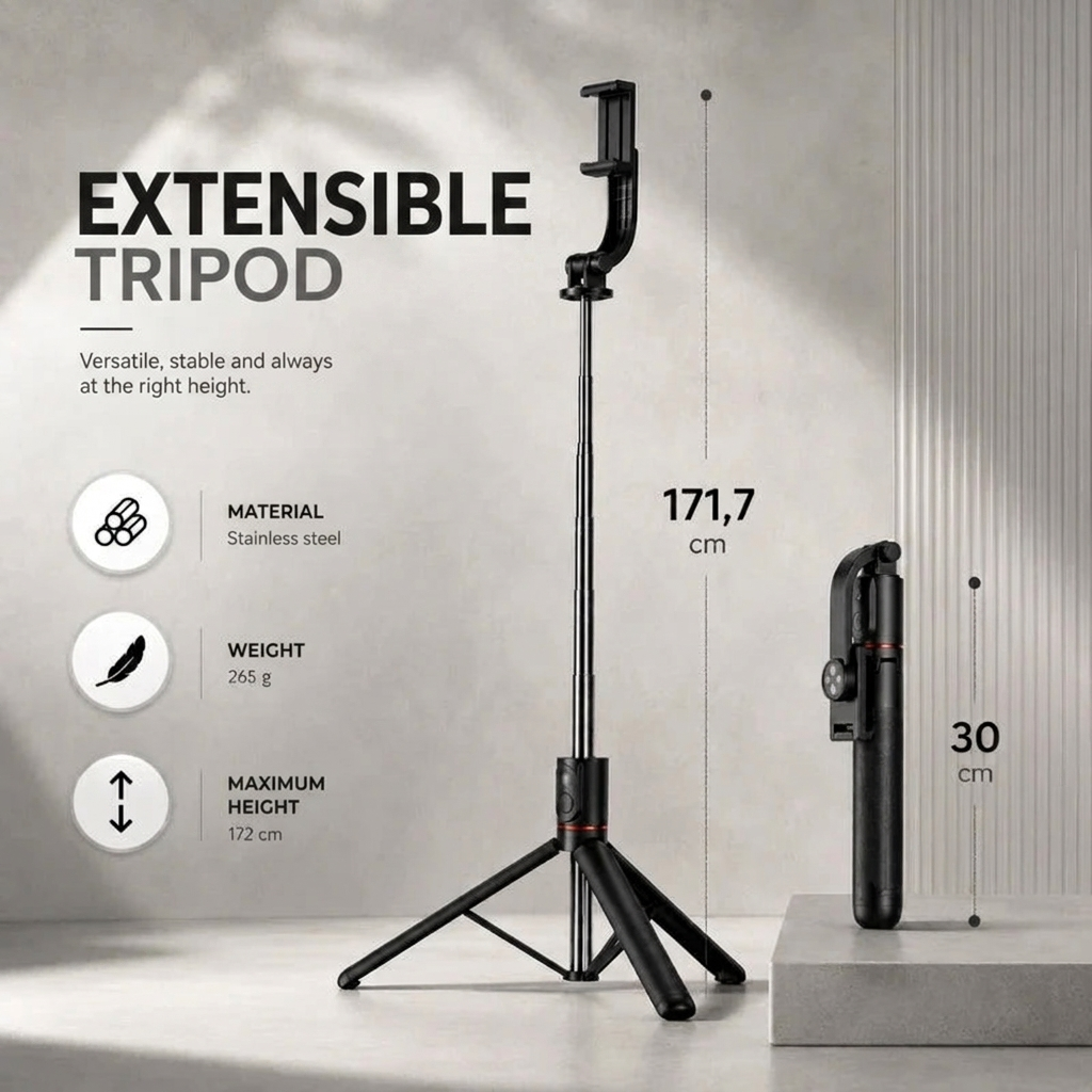 iPhone Tripod 15 16 Pro Max 172 CM Black | 360° Rotation