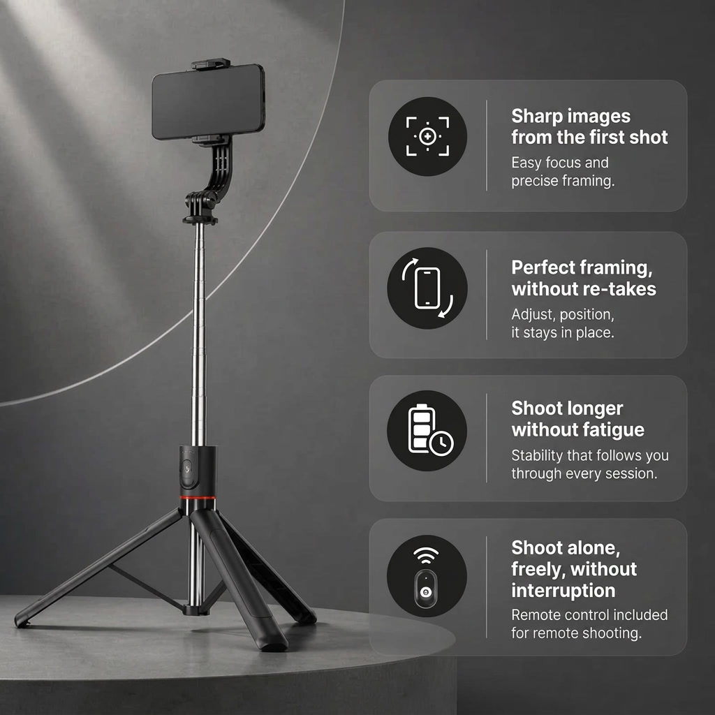 Phone Tripod 172 CM Black | iPhone & Android | 360° Rotation & Extended Reach