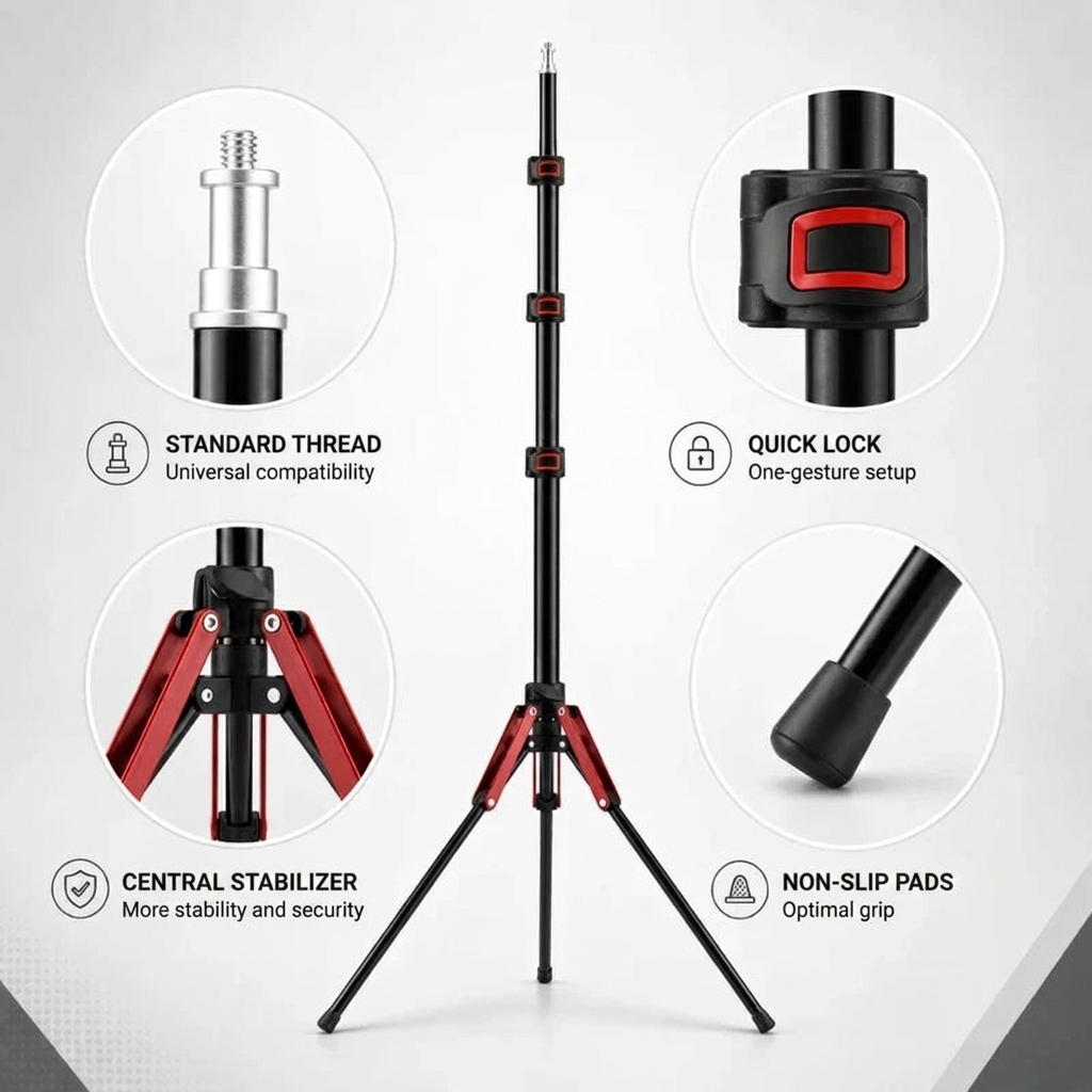 Light Stand Tripod 190 CM Red Pattern | Ring Light & Softbox | Carry Bag Included