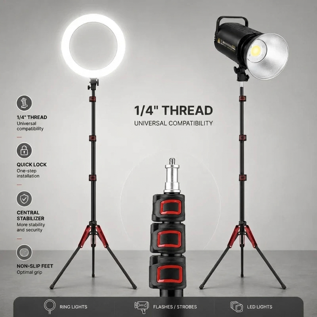 Light Stand Tripod 190 CM Red Pattern | Ring Light & Softbox | Carry Bag Included