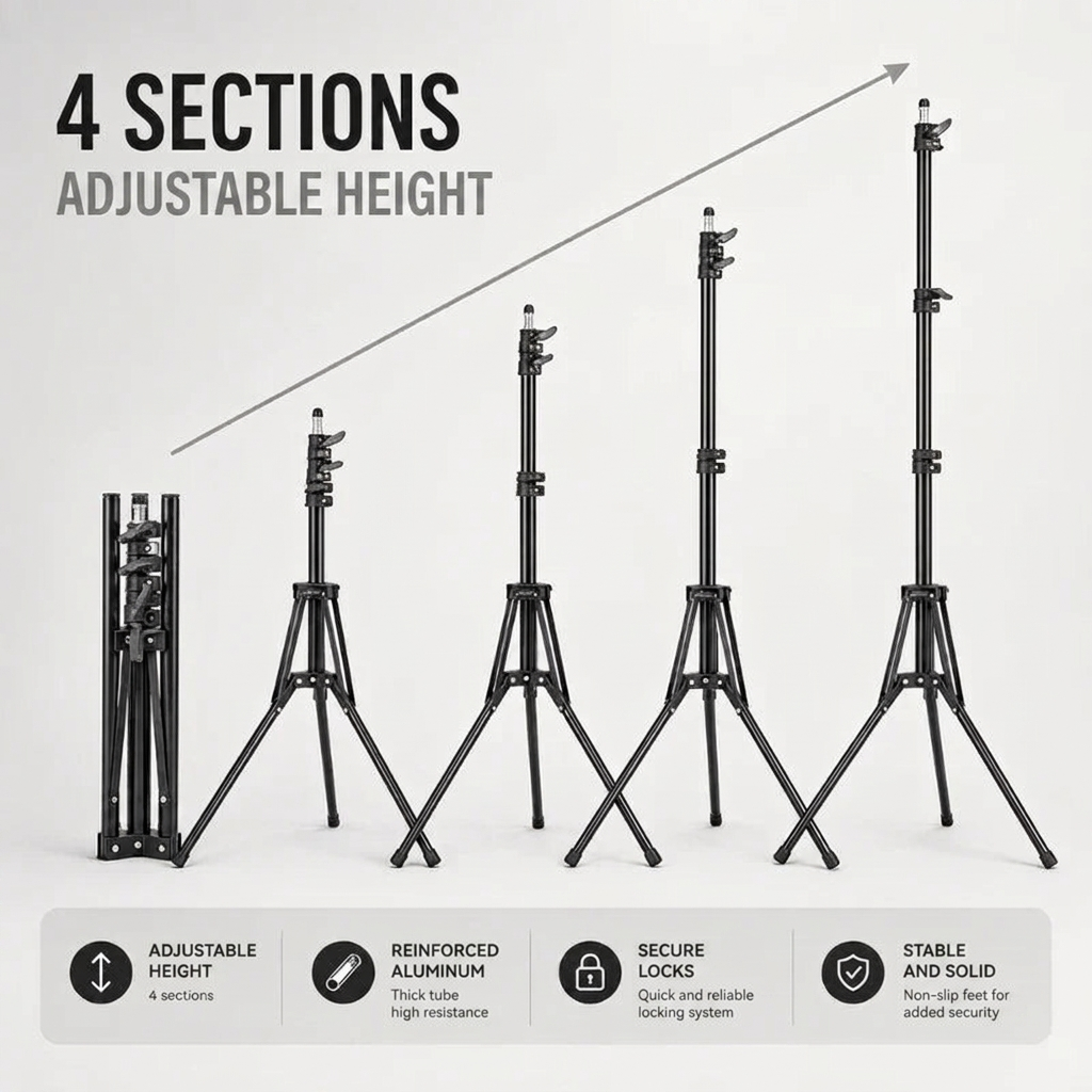 Light Stand Tripod 200 CM Black | Ring Light & Softbox | Tall & Stable