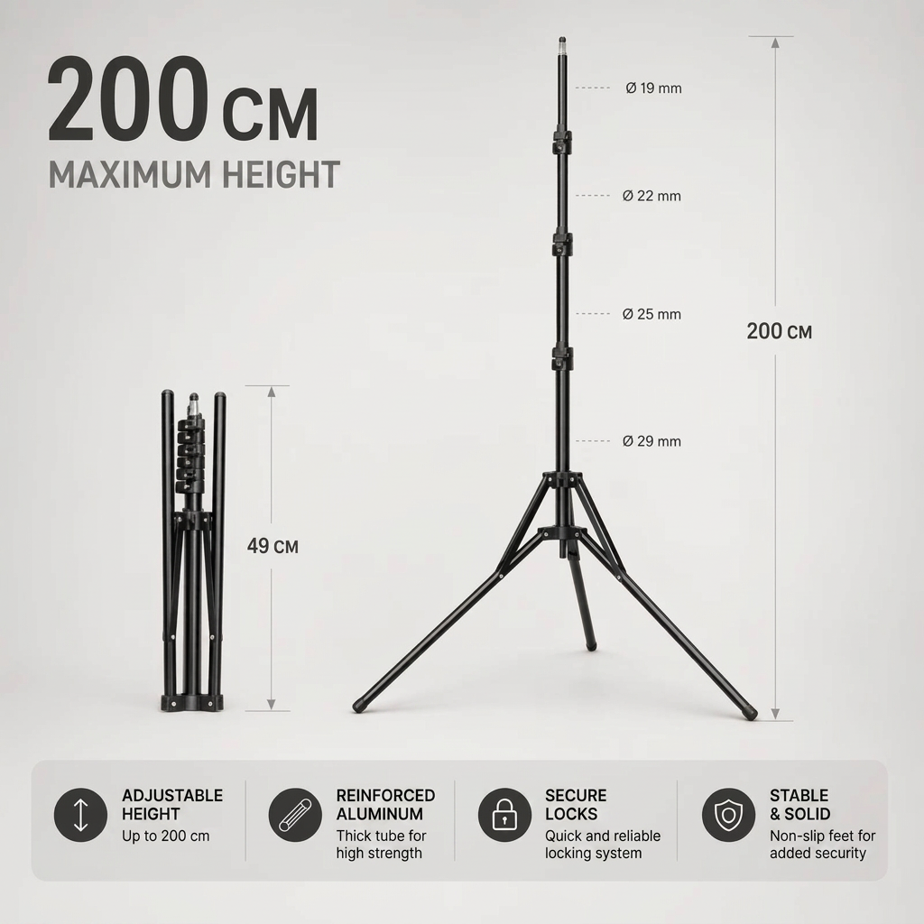 Light Stand Tripod 200 CM Black | Ring Light & Softbox | Tall & Stable