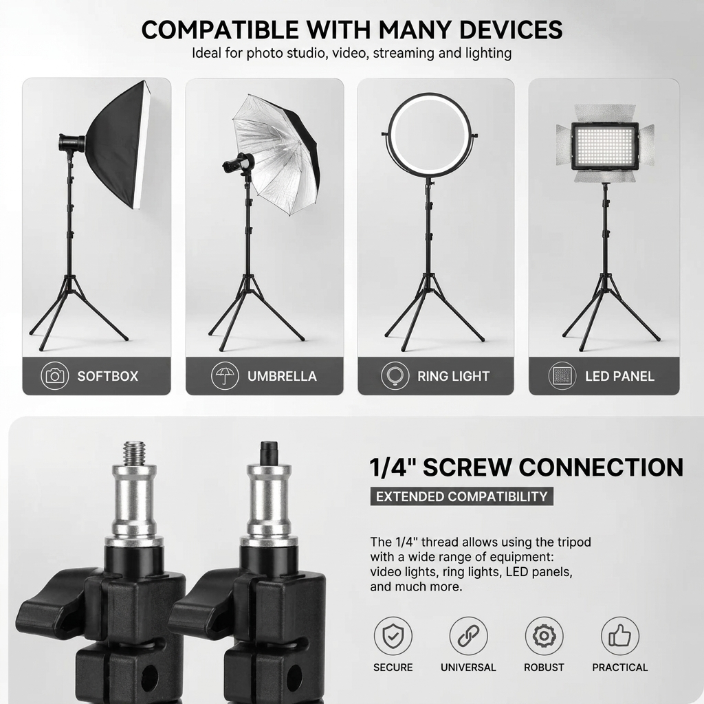 Light Stand Tripod 200 CM Black | Ring Light & Softbox | Tall & Stable
